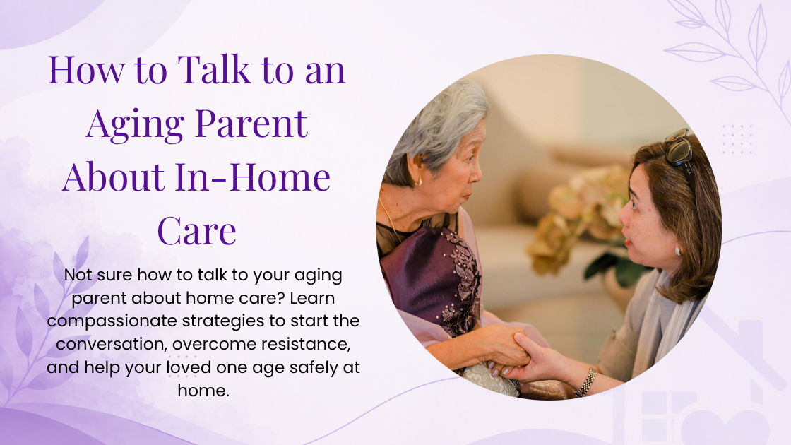 Adult daughter exploring how to talk with her aging parent about in-home care while sitting together on a comfortable living room couch.