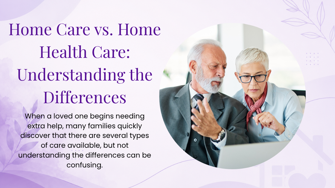Two older adults reviewing care options together on a computer in a comfortable home setting. Two seniors researching home care services online while discussing care for aging in place.